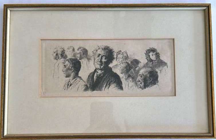 Adolph von Menzel, 1844, Radierung , Studienblatt aus dem Irrenhaus