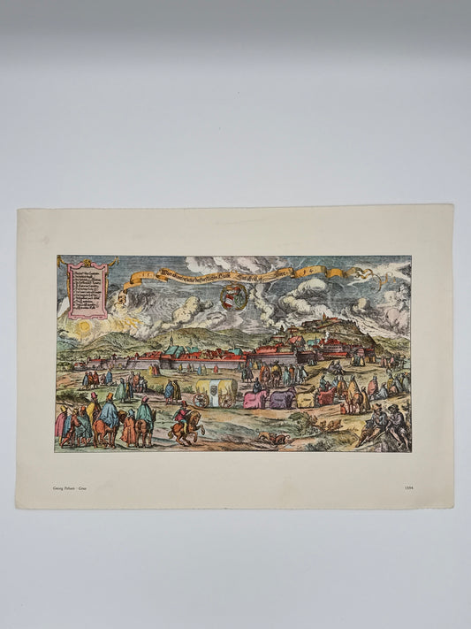 Historische Stadtansicht „1594“ – kolorierte Reproduktion nach Georg Peham (Graz)