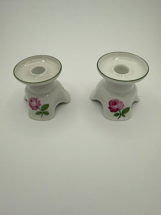 Augarten Wien – Paar Kerzenhalter „Wiener Rose“, grüner Randdekor